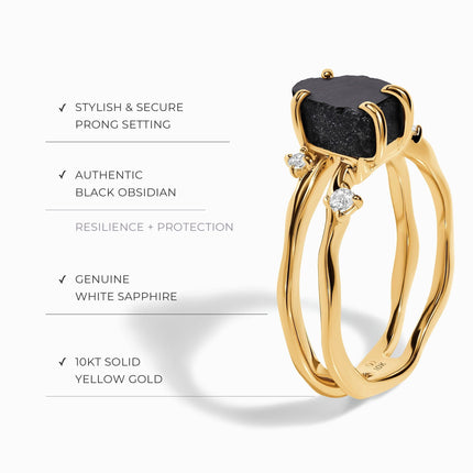 Raw Crystal Solid Gold Ring - Flow Black Obsidian