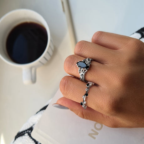 Black Obsidian Black Spinel Ring - Radiance & Black Onyx Ring - Stardust Band