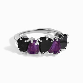 Raw Crystal Ring - Luminous Black Obsidian & Amethyst