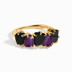Raw Crystal Ring - Luminous Black Obsidian & Amethyst