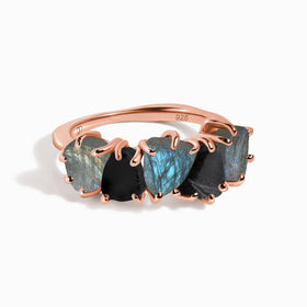 Raw Crystal Ring - Luminous Labradorite & Black Obsidian