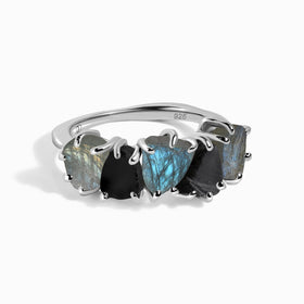 Raw Crystal Ring - Luminous Labradorite & Black Obsidian