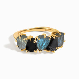 Raw Crystal Ring - Luminous Labradorite & Black Obsidian