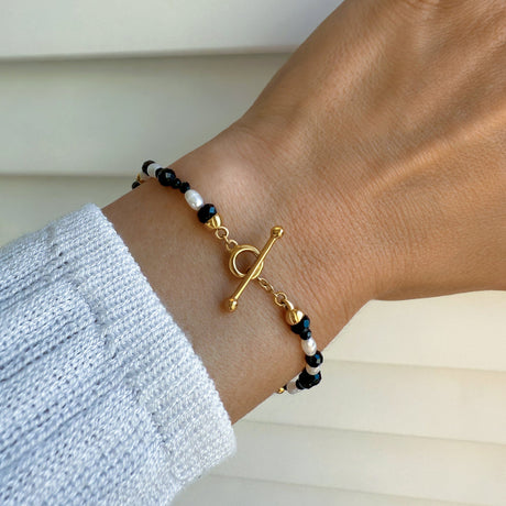 Black Obsidian Rice Pearl T-Lock Beads Bracelet - Power Flow