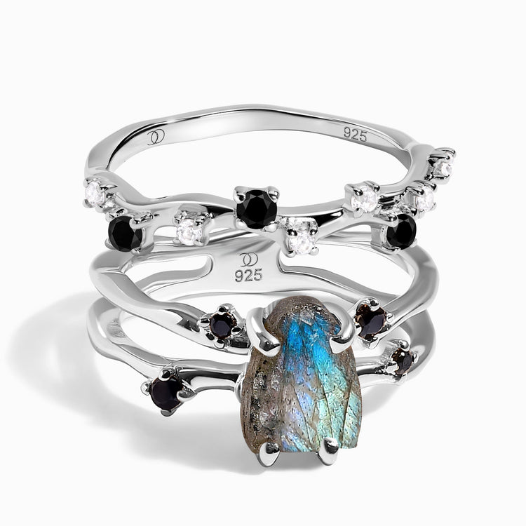 Labradorite Flow Ring & Black Onyx Stardust Band – Moon Magic