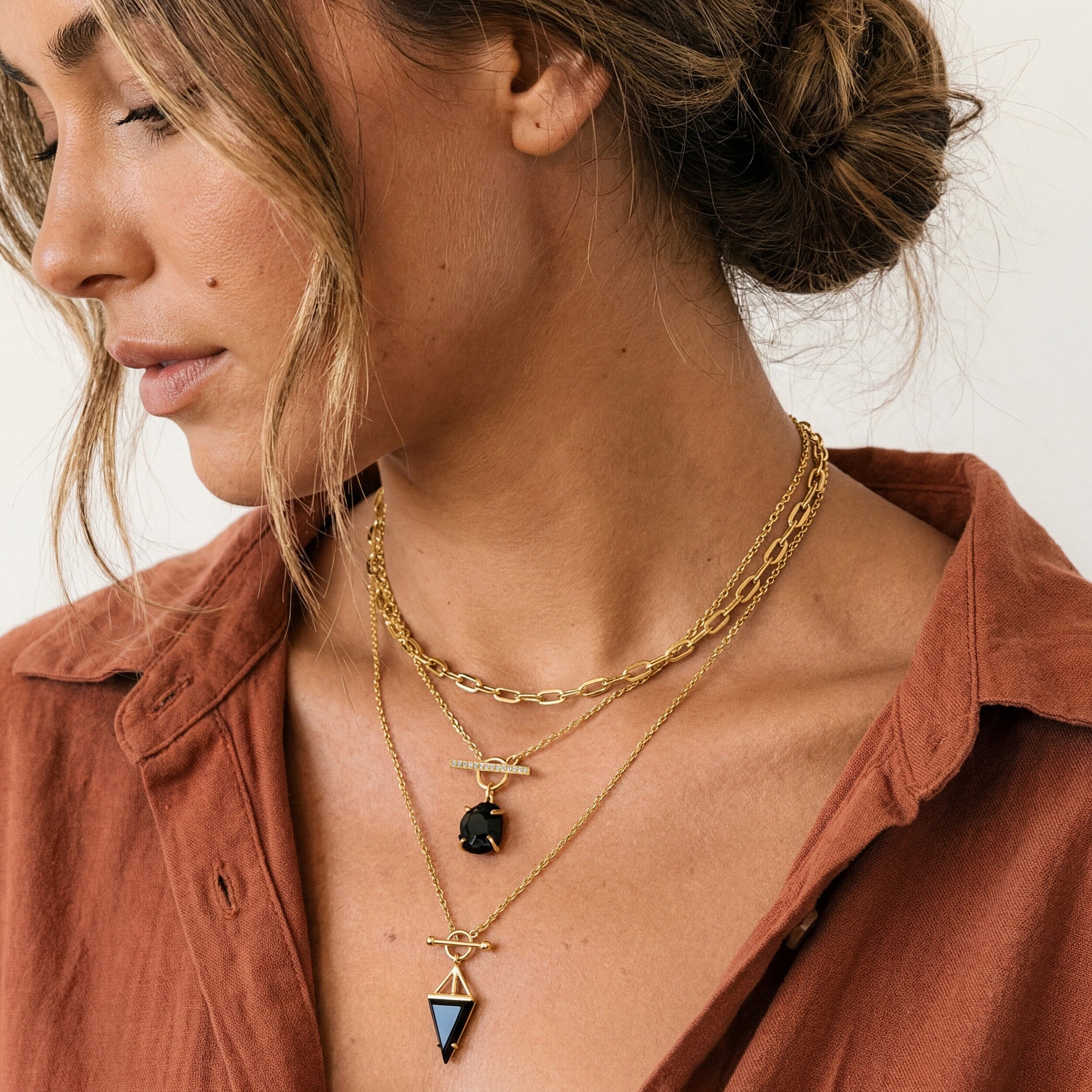 Black Obsidian Heroine & Raw Crystal T-Lock & Widelink Necklaces