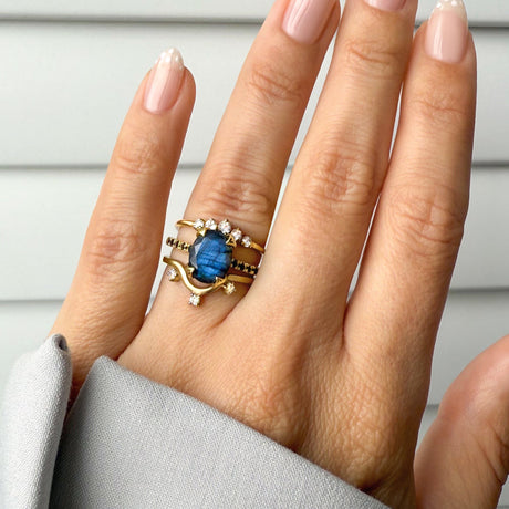Labradorite Black Spinel Harlow Ring & Archer Band & Wreath Band