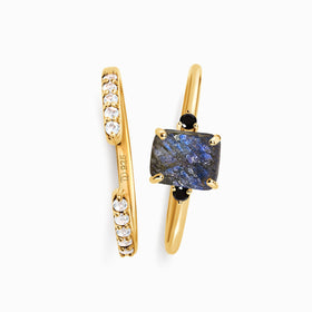 Labradorite Black Onyx Ring - Petite Raw Allure & White Zircon Ring - Twinkling Band