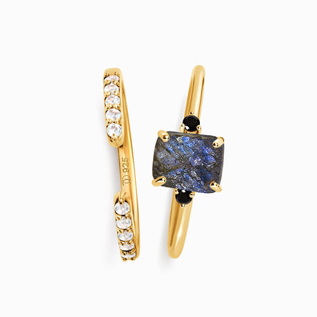 Labradorite Black Onyx Ring - Petite Raw Allure & White Zircon Ring - Twinkling Band