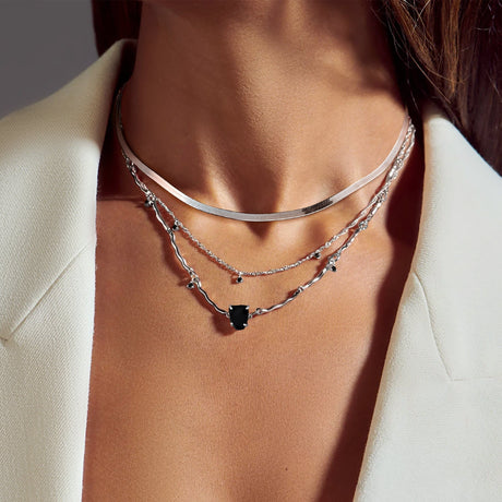 Black Obsidian Flowing Necklace & Herringbone Chain