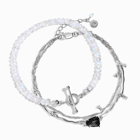 Black Obsidian & Moonstone Bracelet Stack - Energy Armor