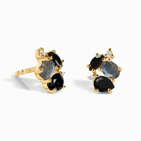 Fine Black Obsidian Labradorite Lab Diamond Earrings - Orion