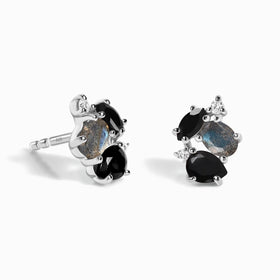 Fine Black Obsidian Labradorite Lab Diamond Earrings - Orion