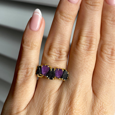 Raw Crystal Ring - Luminous Black Obsidian & Amethyst