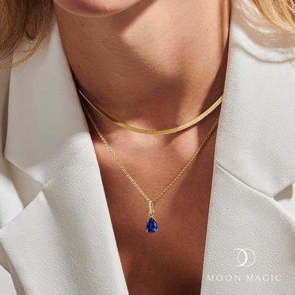 Blue Sapphire Birthstone Sway Necklace & Herringbone Chain