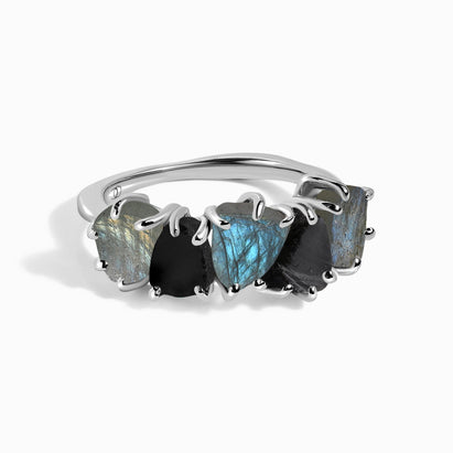 Raw Crystal Ring - Luminous Labradorite & Black Obsidian