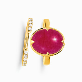 Pink Quartz Cabochon Ring - Aura & White Zircon Ring - Twinkling Band