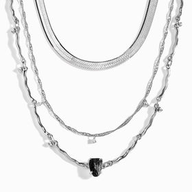 Black Obsidian Flowing Necklace & Herringbone Chain