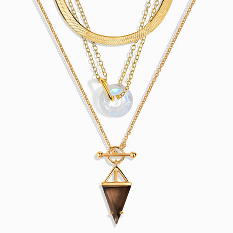 Smoky Quartz Heroine T-Lock & Moonstone Oura Necklaces & Herringbone Chain