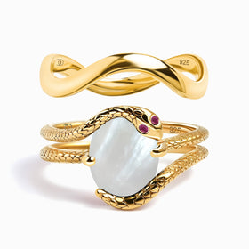 Mother of Pearl Ruby Serpent Ring & Waves Band