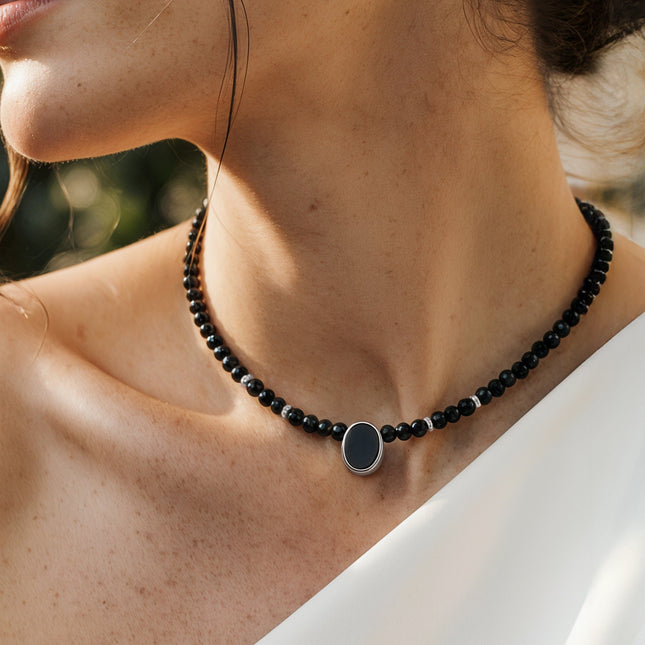 Black Onyx & Black Obsidian Beads Divina Necklace - Enfolded
