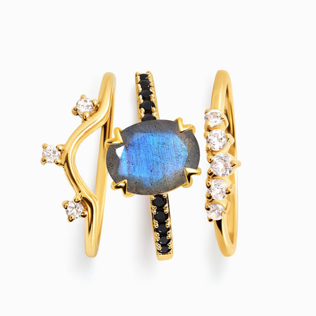 Labradorite Black Spinel Harlow Ring & Archer Band & Wreath Band